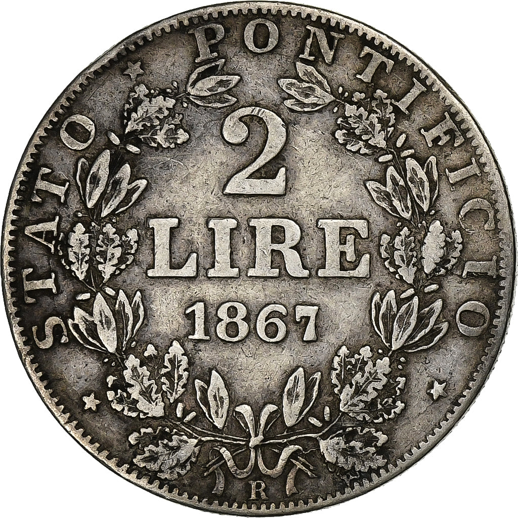 ITALIAN STATES, PAPAL STATES, Pius IX, 2 Lire, 1867, Rome, Silver, VF(30-35)