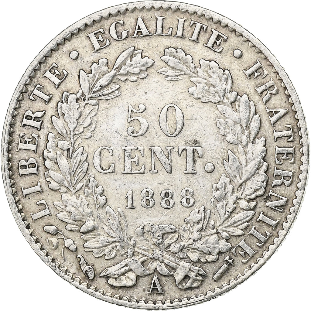 France, 50 Centimes, Cérès, 1888, Paris, Silver, AU(55-58), KM:834.1