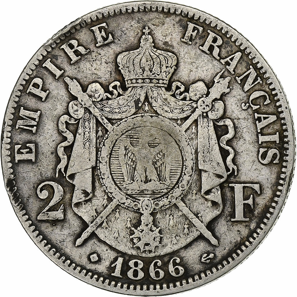 France, Napoléon III, 2 Francs, Napoléon III, 1866, Strasbourg, Argent, B