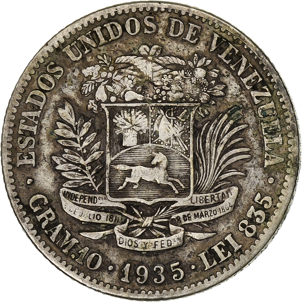 Venezuela, Gram 10, 2 Bolivares, 1935, Philadelphia, Argento, MB+, KM:23