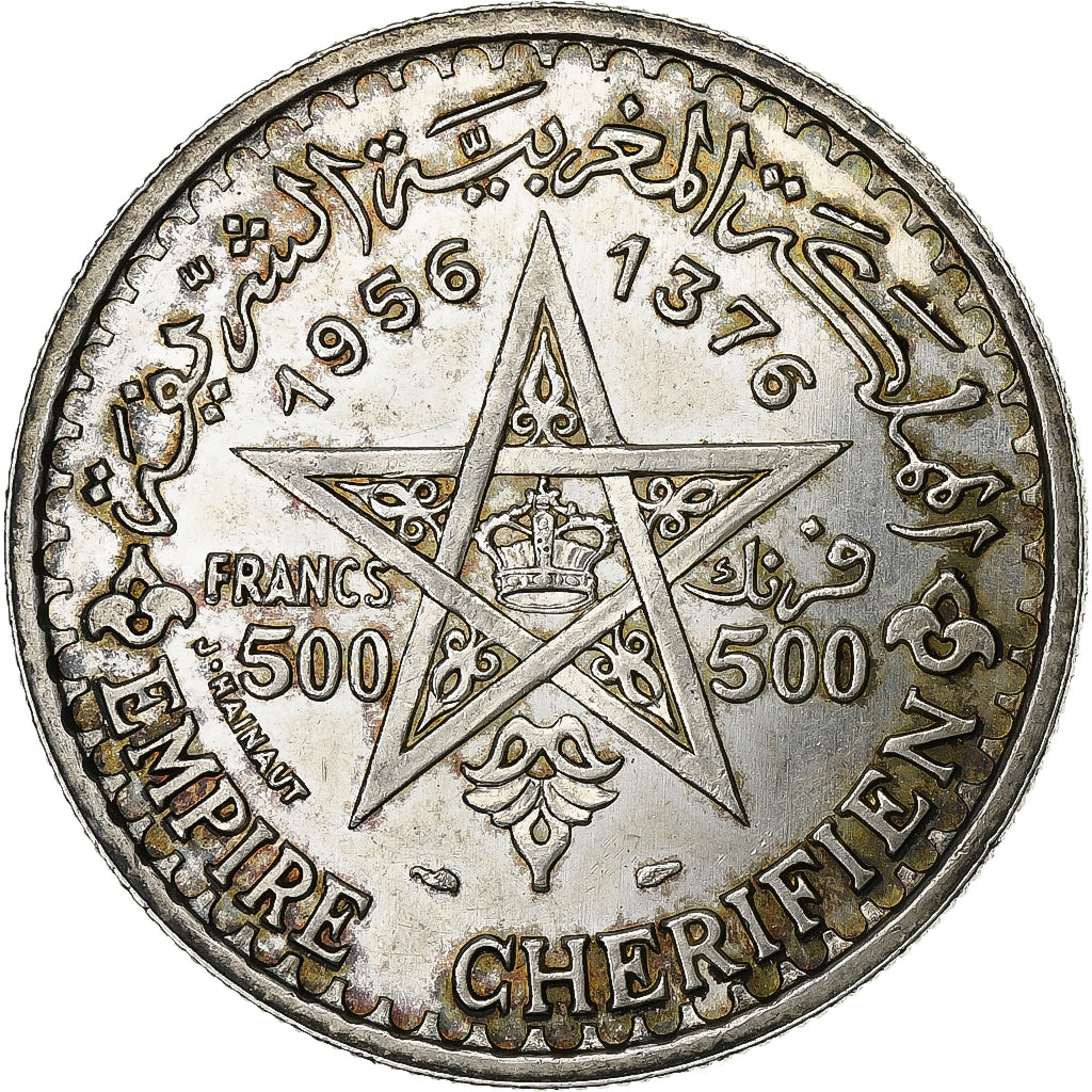 Morocco, Mohammed V, 500 Francs, 1956/AH1376, Paris, Silver, EF(40-45), KM:54