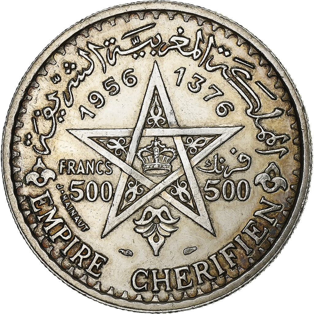 Morocco, Mohammed V, 500 Francs, 1956/AH1376, Paris, Silver, EF(40-45), KM:54
