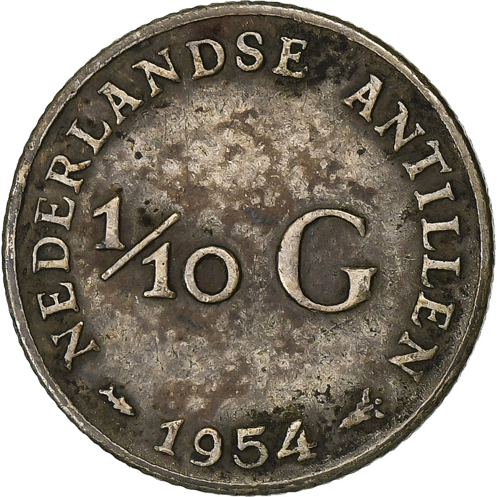 Netherlands Antilles, Juliana, 1/10 Gulden, 1954, Utrecht, Silver, VF(30-35)