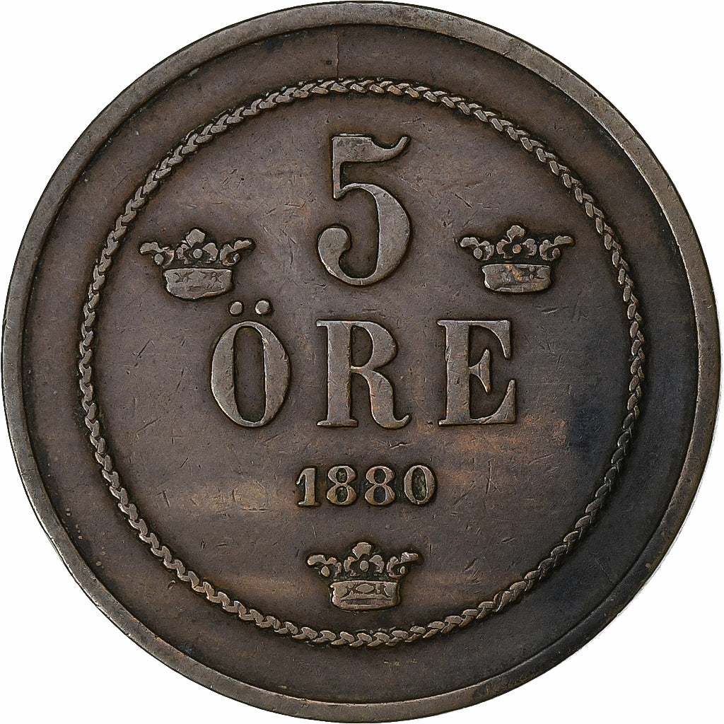 Suecia, Oscar II, 5 Öre, 1880, Bronce, BC+, KM:736