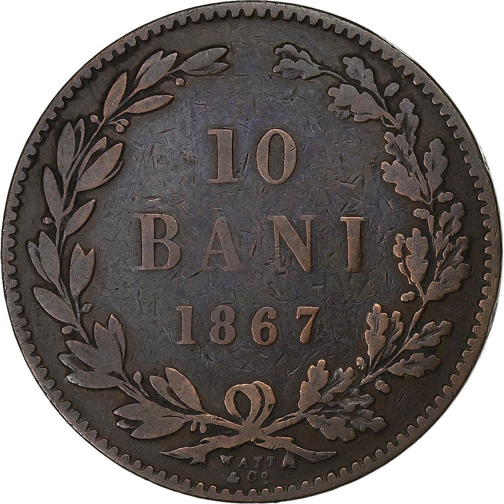 Roumanie, Carol I, 10 Bani, 1867, Heaton, Cuivre, TB, KM:4.2