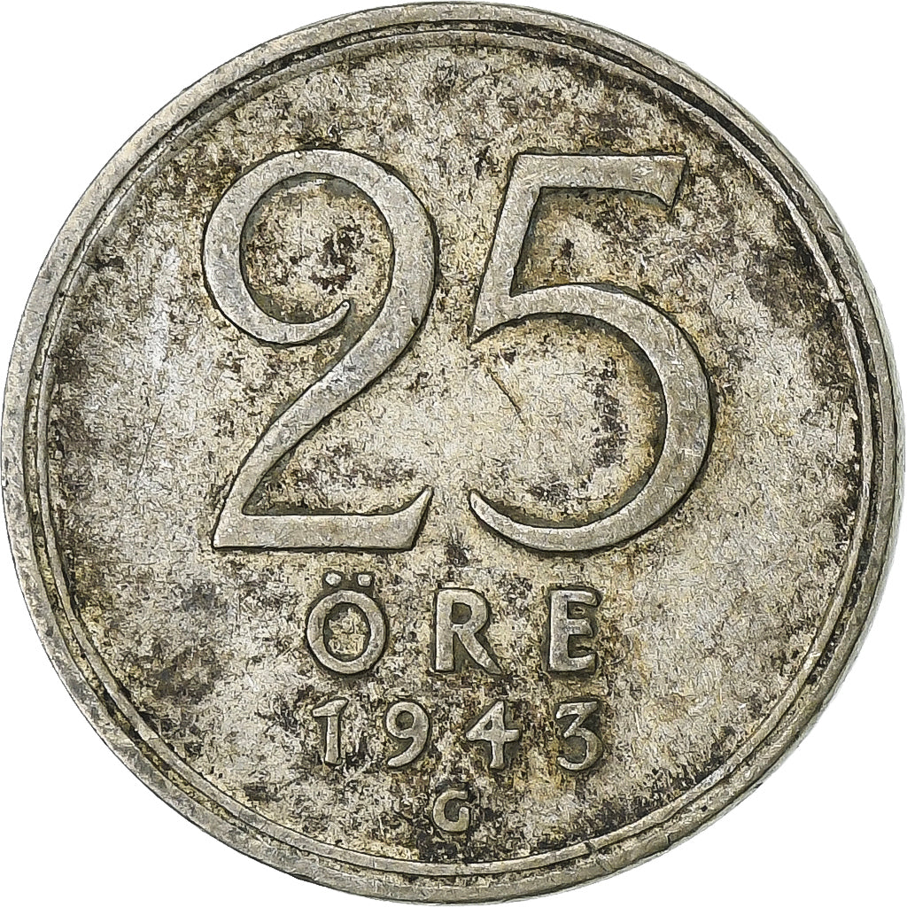 Svezia, Gustaf V, 25 Öre, 1943, Stockholm, Argento, MB+, KM:816