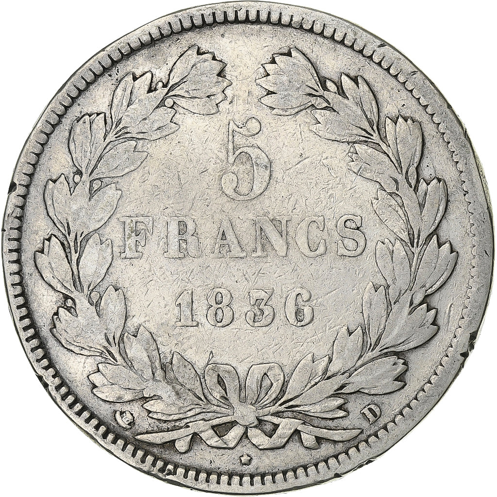 France, 5 Francs, Louis-Philippe, 1836, Lyon, Silver, VF(20-25), KM:749.4