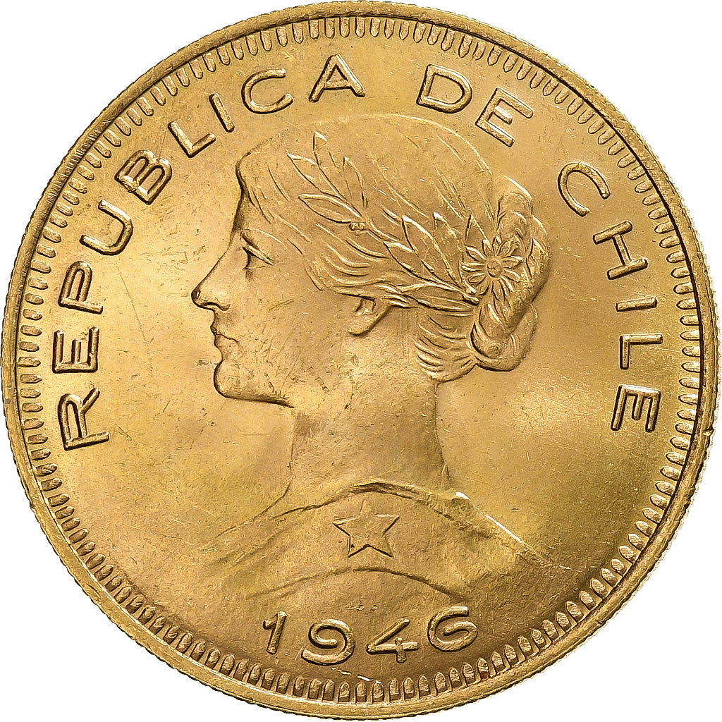 Chile, 100 Pesos, 1946, Santiago, Gold, AU(50-53), KM:175