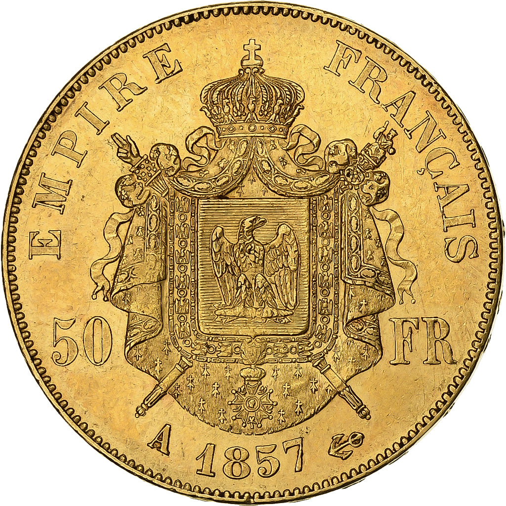 França, Napoleon III, 50 Francs, Napoléon III, 1857, Paris, Dourado