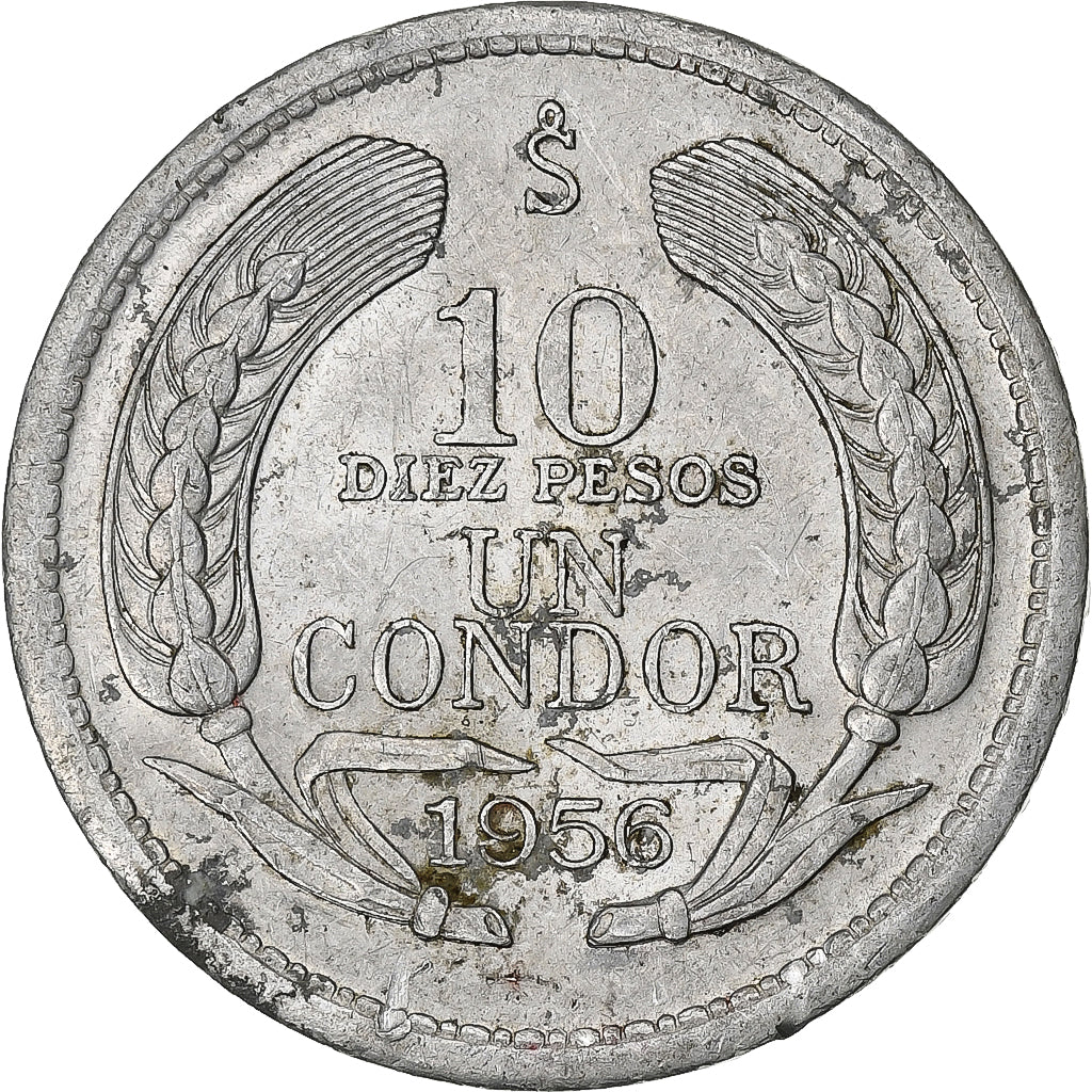 Chile, 10 Pesos, 1956, Santiago, Aluminum, EF(40-45), KM:181
