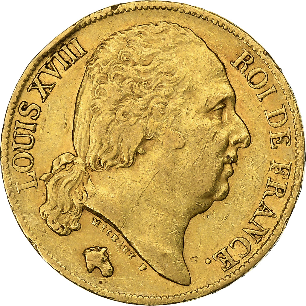 Francja, Louis XVIII, 20 Francs, Louis XVIII, 1820, Paris, Złoto, EF(40-45)