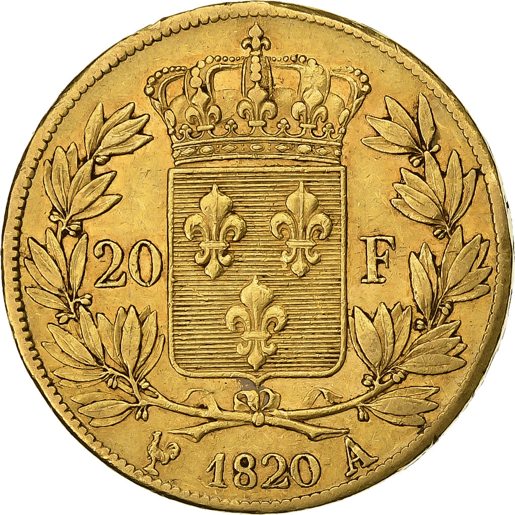 Francja, Louis XVIII, 20 Francs, Louis XVIII, 1820, Paris, Złoto, EF(40-45)