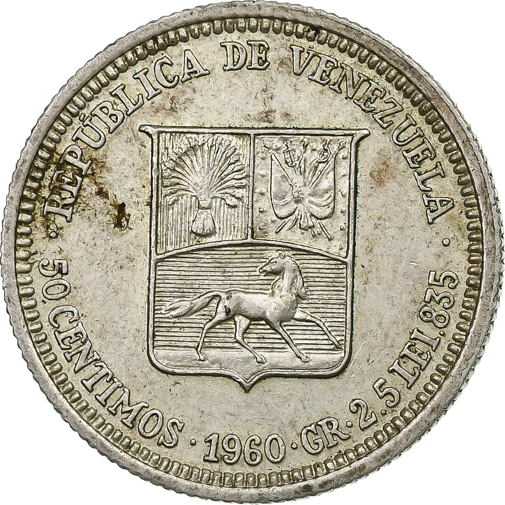 Venezuela, 50 Centimos, 1960, Paris, Zilver, ZF+, KM:36a