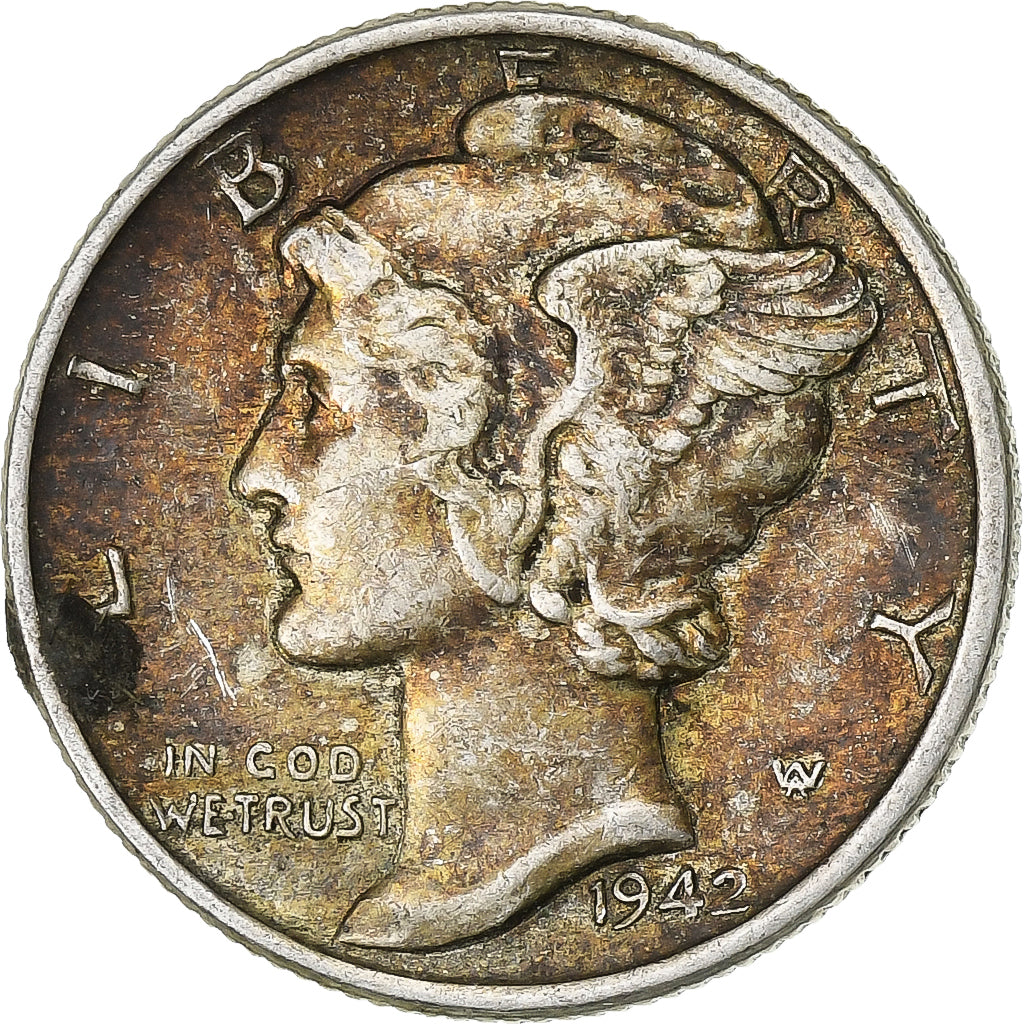 United States, Dime, Mercury Dime, 1942, Philadelphia, Silver, AU(50-53), KM:140