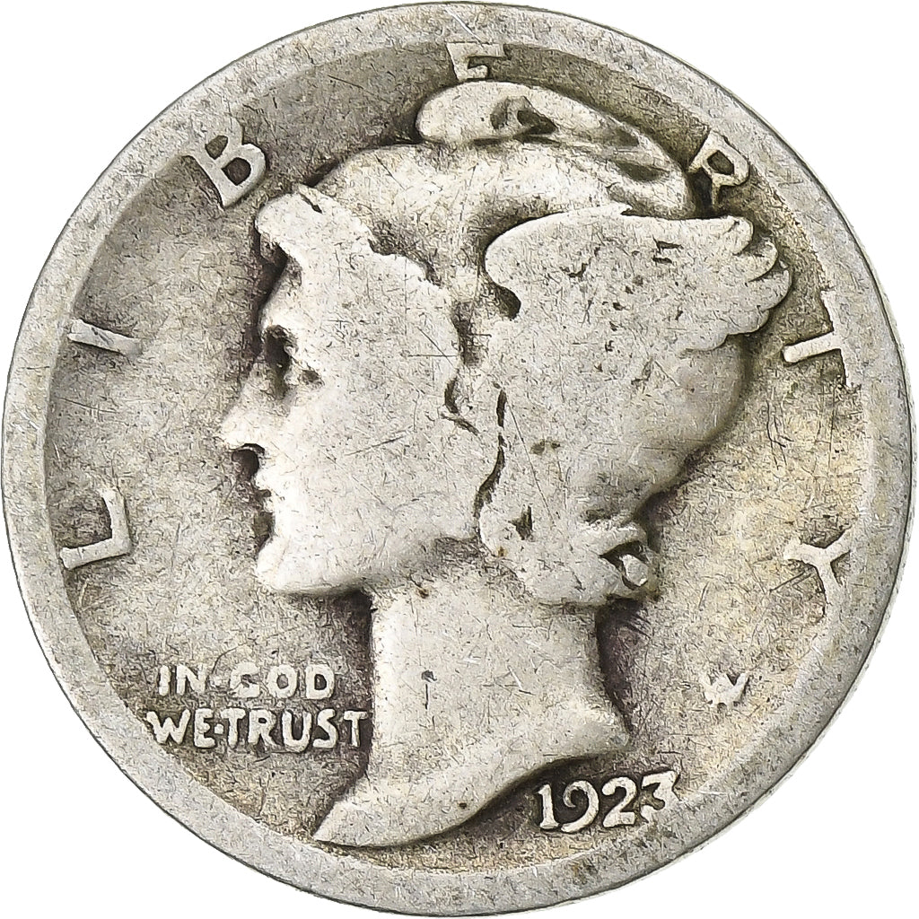 États-Unis, Dime, Mercury Dime, 1923, Philadelphie, Argent, TB+, KM:140