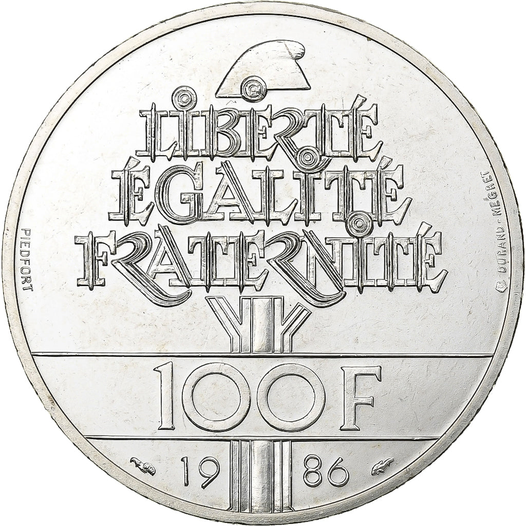 France, 100 Francs, Statue de la Liberté, 1986, Pessac, Piéfort, Silver