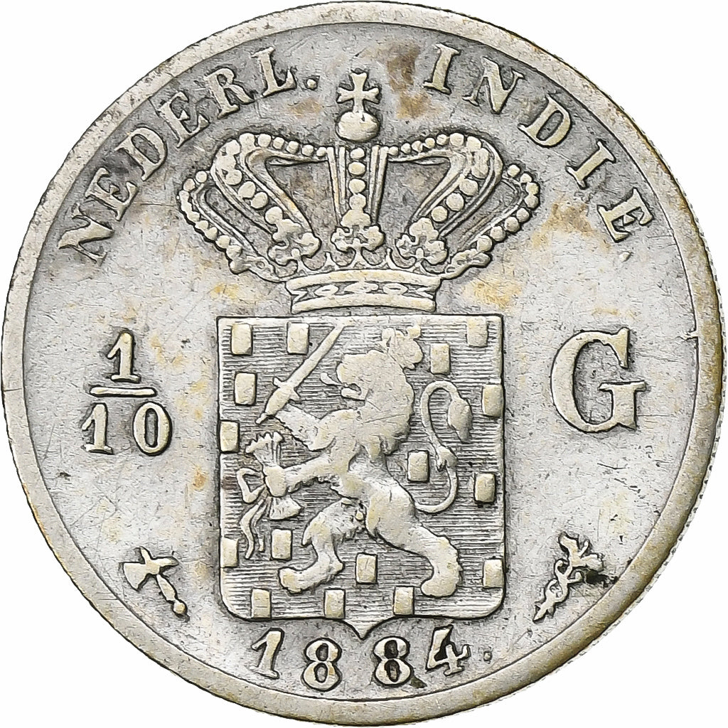 Índias Orientais Neerlandesas, Wilhelmina I, 1/10 Gulden, 1884, Utrecht, Prata