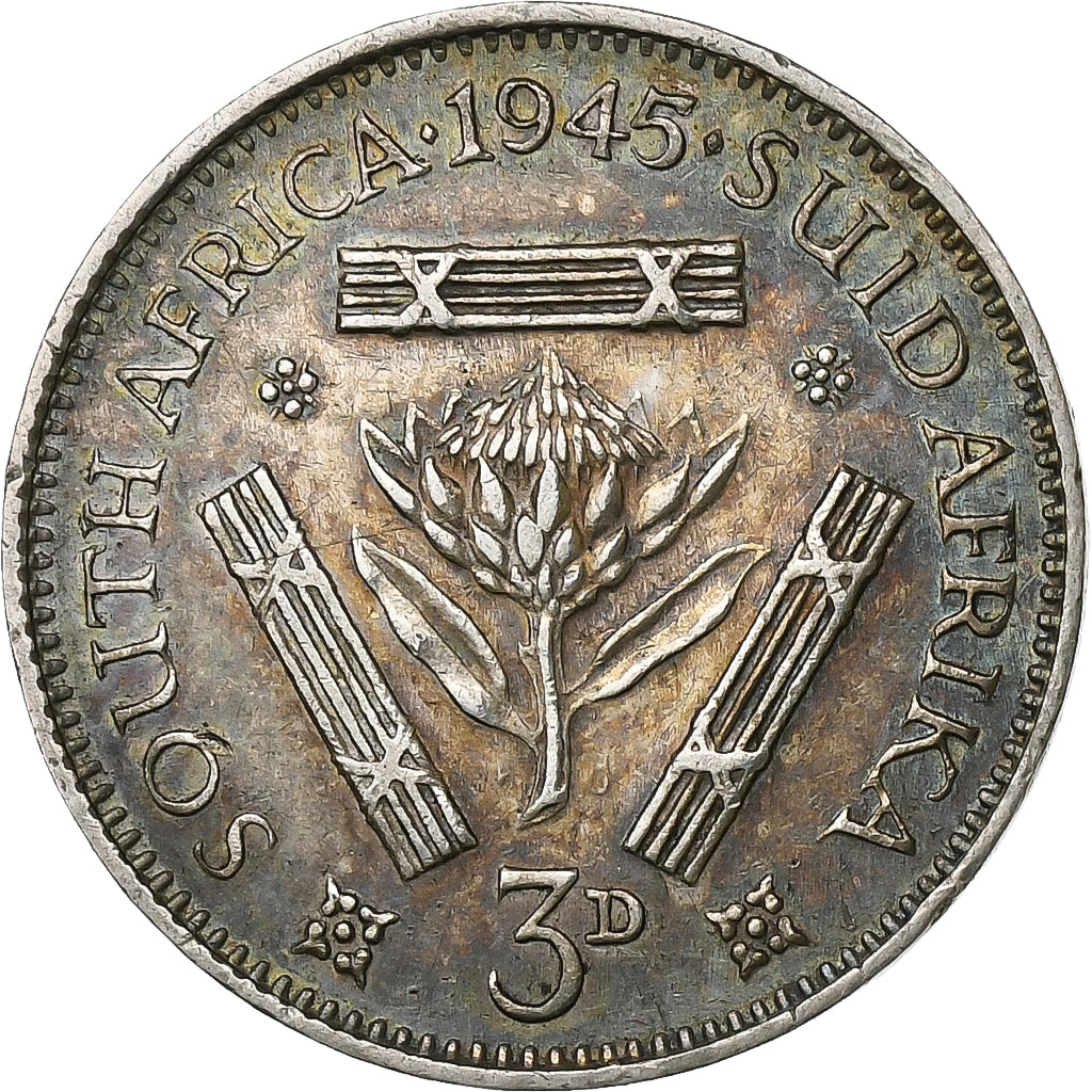 South Africa, George VI, 3 Pence, 1945, Pretoria, Silver, AU(55-58), KM:26