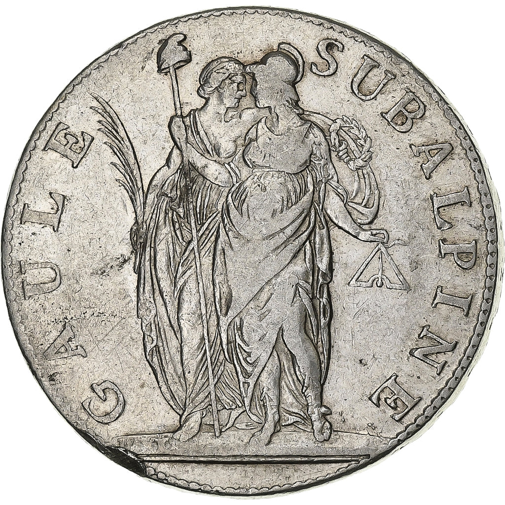 ESTADOS ITALIANOS, PIEDMONT REPUBLIC, 5 Francs, An 10, Turin, Prata, EF(40-45)