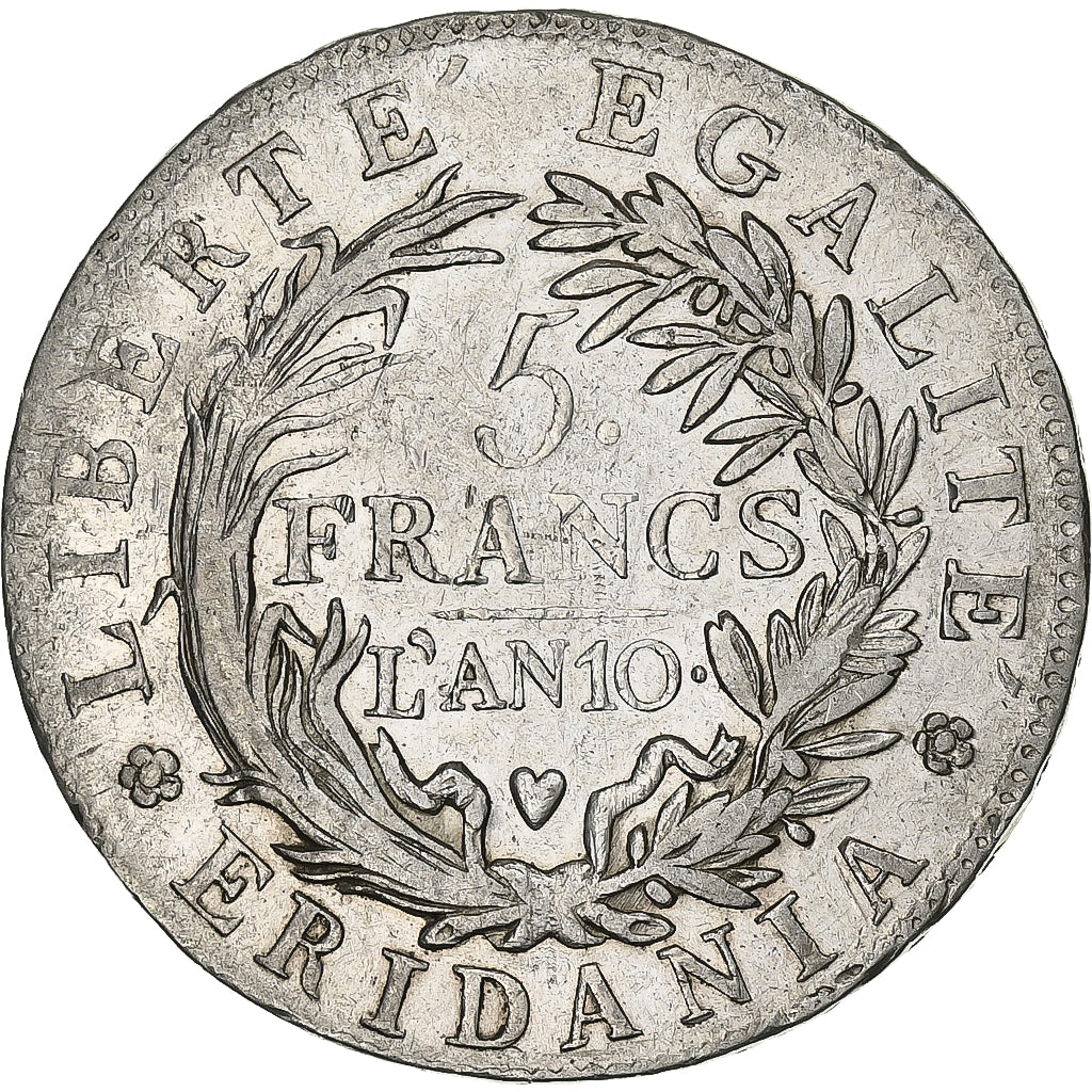 ESTADOS ITALIANOS, PIEDMONT REPUBLIC, 5 Francs, An 10, Turin, Prata, EF(40-45)