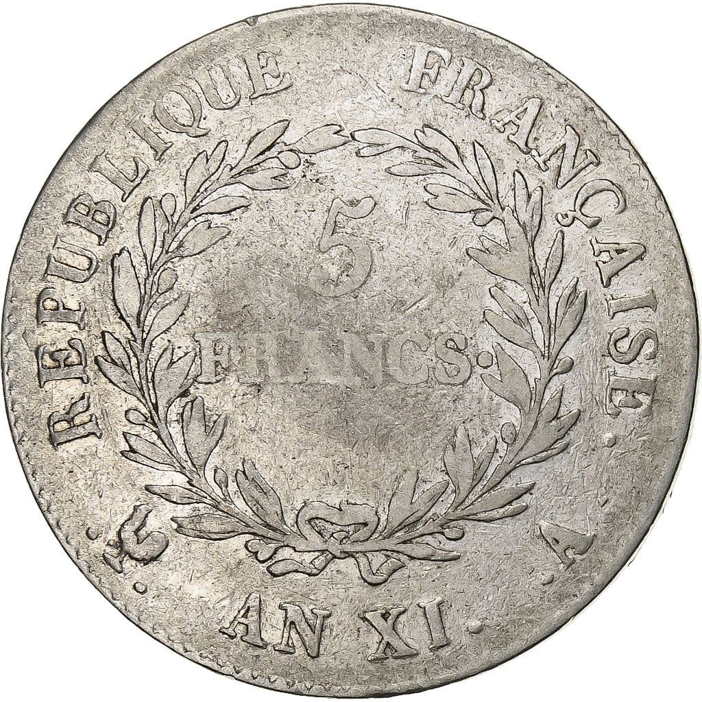 France, 5 Francs, An XI, Paris, Silver, F(12-15), KM:650.1