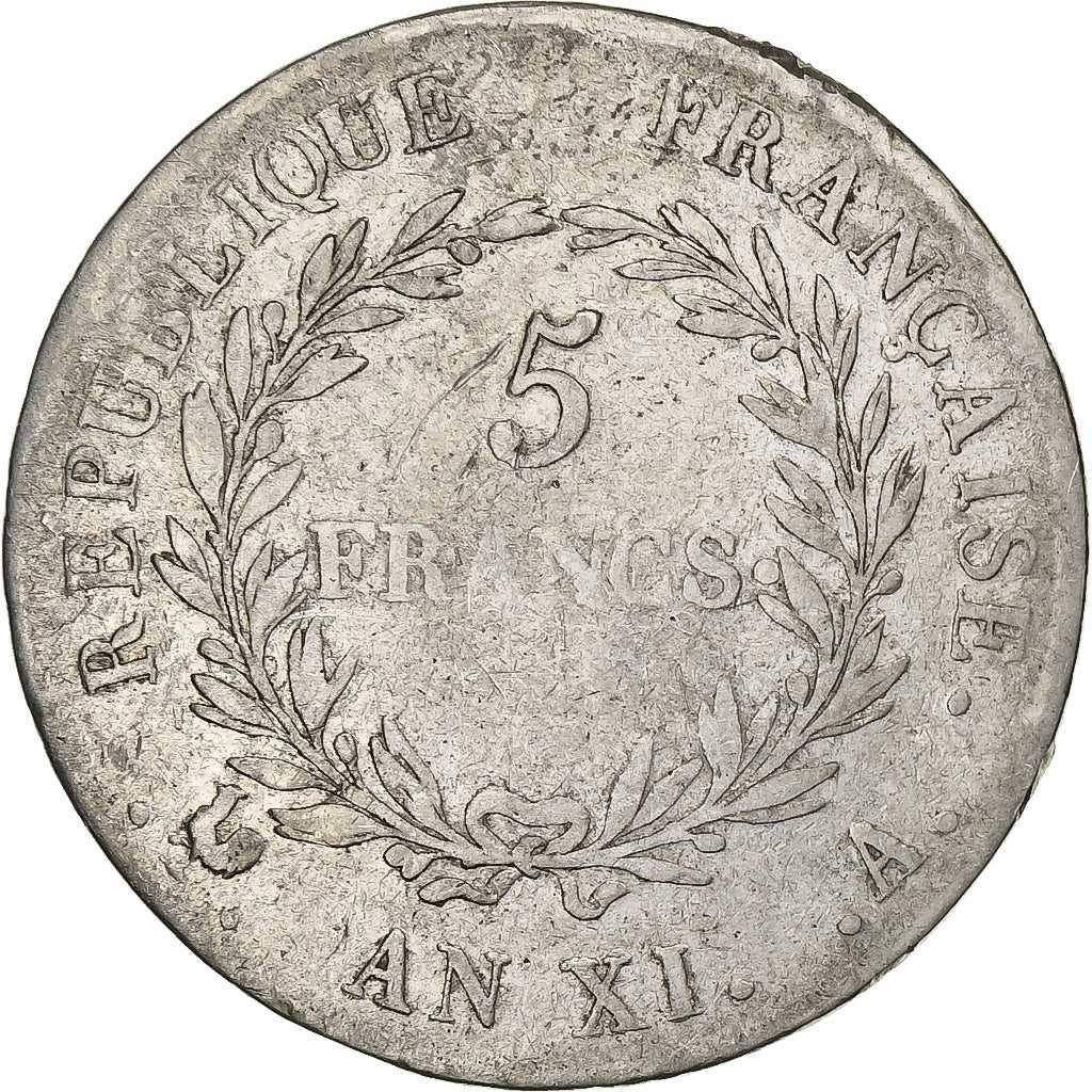 France, 5 Francs, An XI, Paris, Argent, B+, KM:650.1