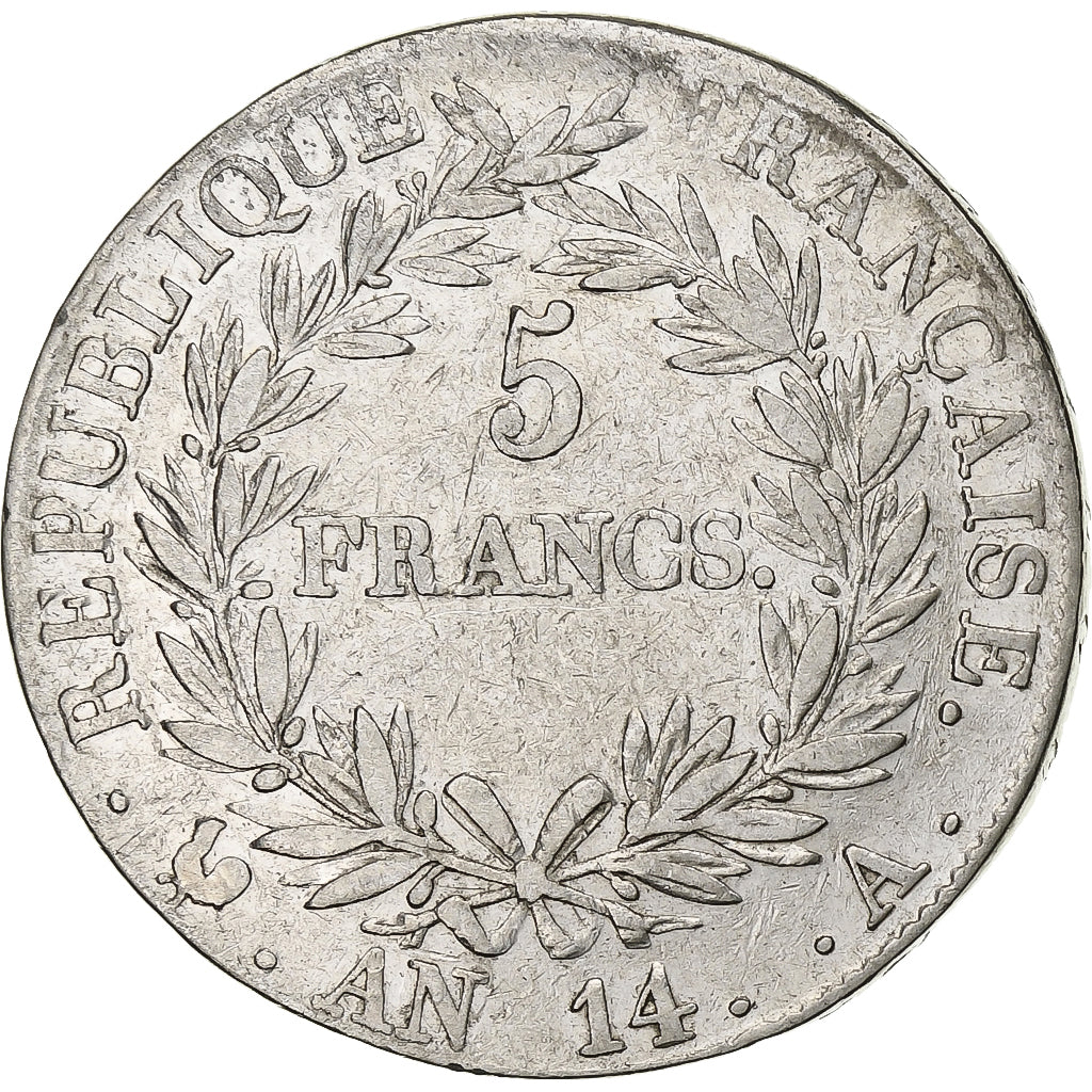 France, 5 Francs, Napoléon I, AN 14, Paris, Silver, VF(30-35), KM:662.1