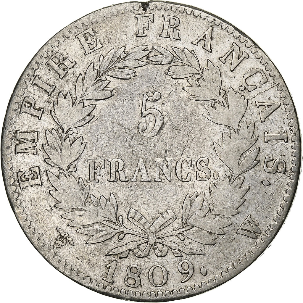 France, 5 Francs, Napoléon I, 1809, Lille, Silver, VF(30-35), KM:694.16