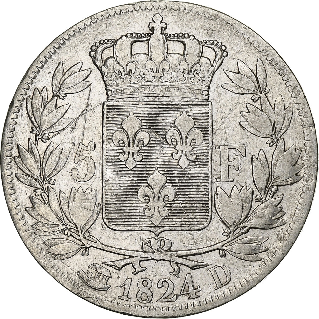 France, 5 Francs, Louis XVIII, 1824, Lyon, Silver, VF(20-25), KM:711.4