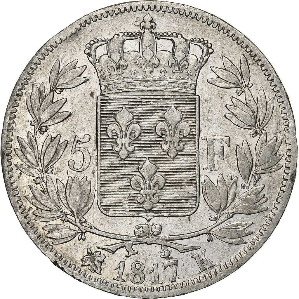 Francja, 5 Francs, Louis XVIII, 1817, Bordeaux, Srebro, EF(40-45), KM:711.7