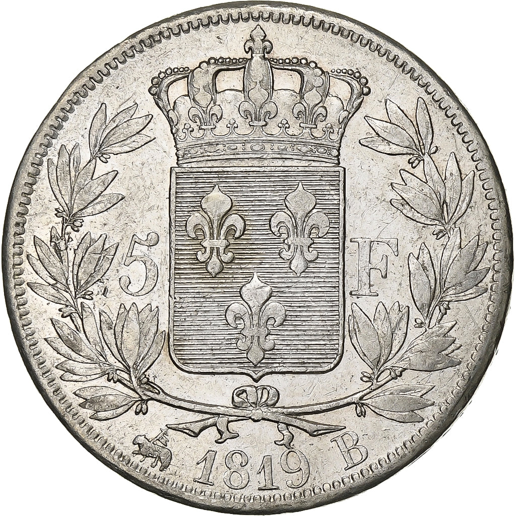 Francia, Louis XVIII, 5 Francs, Louis XVIII, 1819, Rouen, Plata, MBC, KM:711.2
