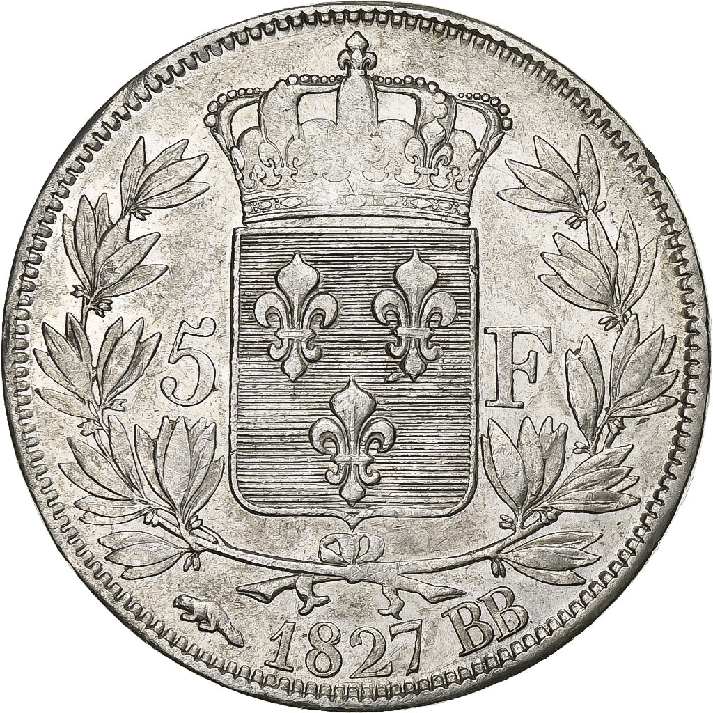 France, 5 Francs, Charles X, 1827, Strasbourg, Silver, VF(30-35), KM:728.3
