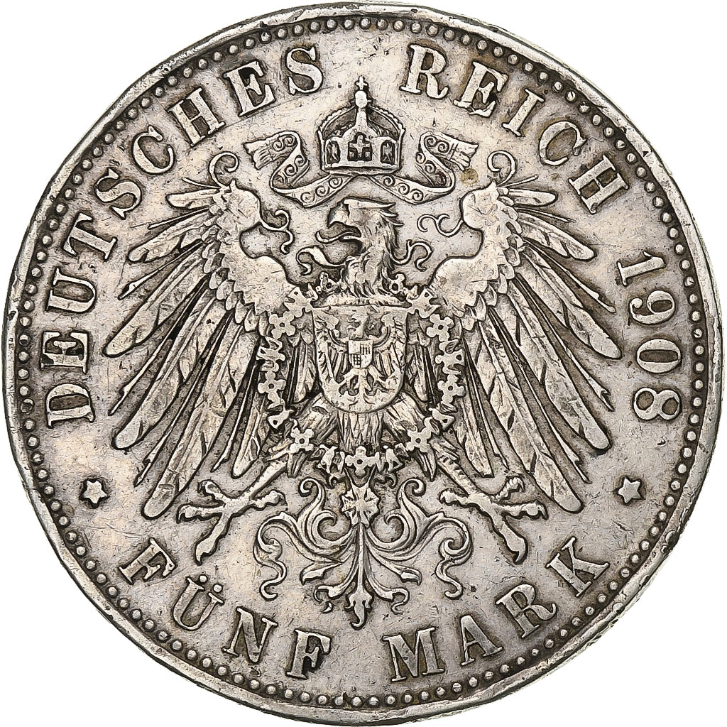 Estados alemanes, SAXE-MEININGEN, Georg II, 5 Mark, 1908, Munich, Plata, BC+