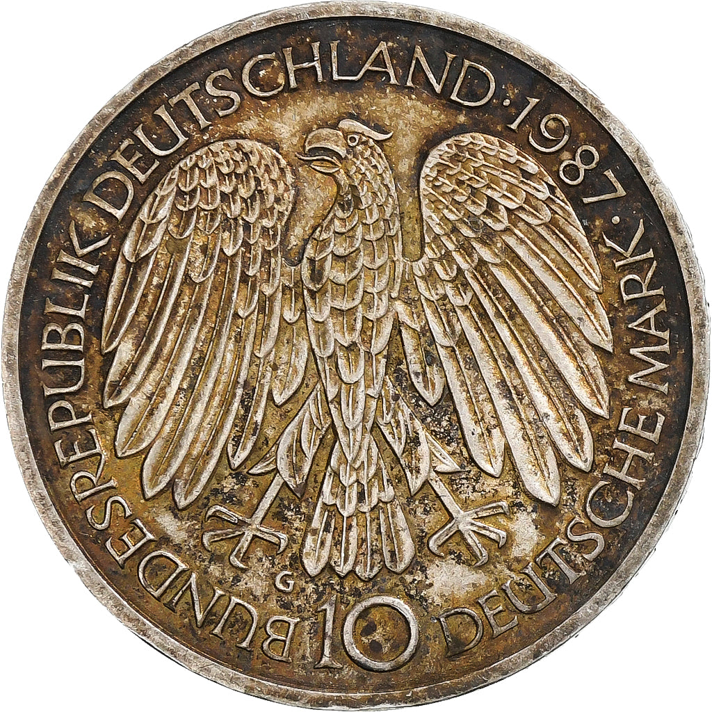 GERMANY - FEDERAL REPUBLIC, 10 Mark, 1987, Karlsruhe, Silver, AU(55-58), KM:167