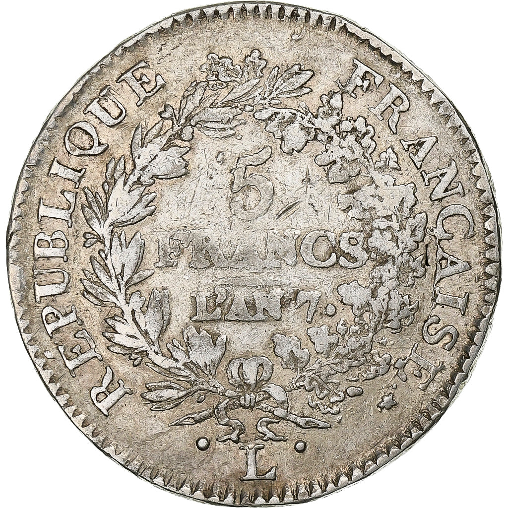 Francia, 5 Francs, Union et Force, AN 7, Bayonne, Argento, MB, KM:639.6