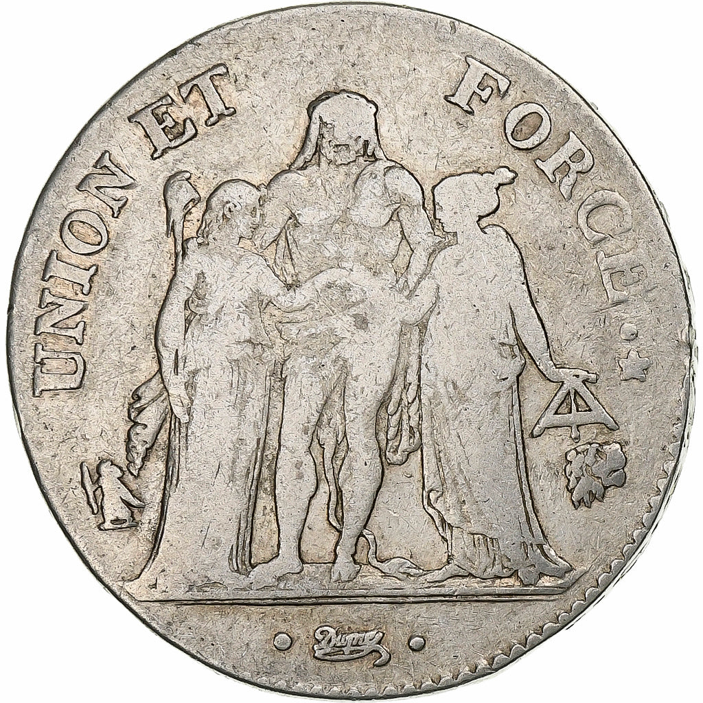 Francia, 5 Francs, Union et Force, AN 7, Bayonne, Plata, BC+, KM:639.6