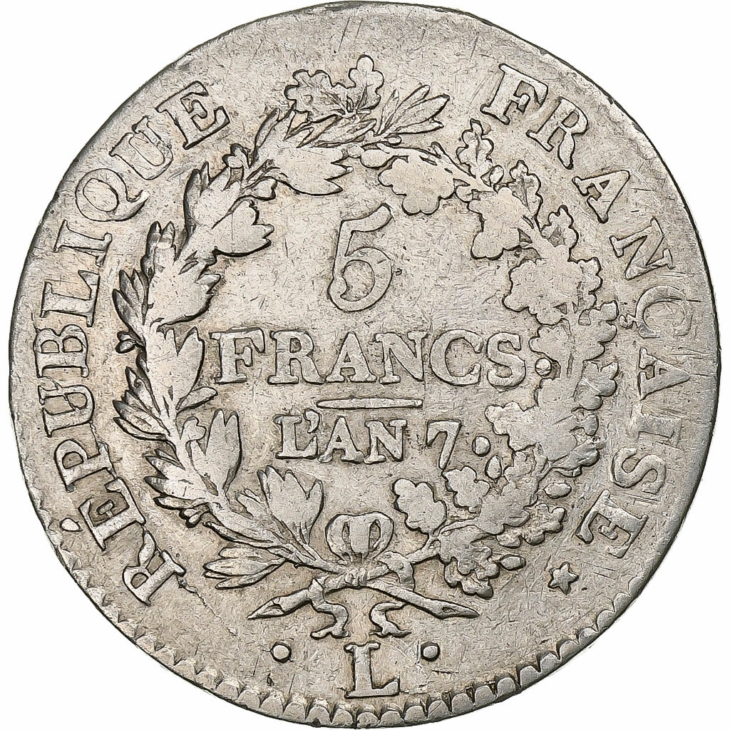 Francia, 5 Francs, Union et Force, AN 7, Bayonne, Plata, BC+, KM:639.6