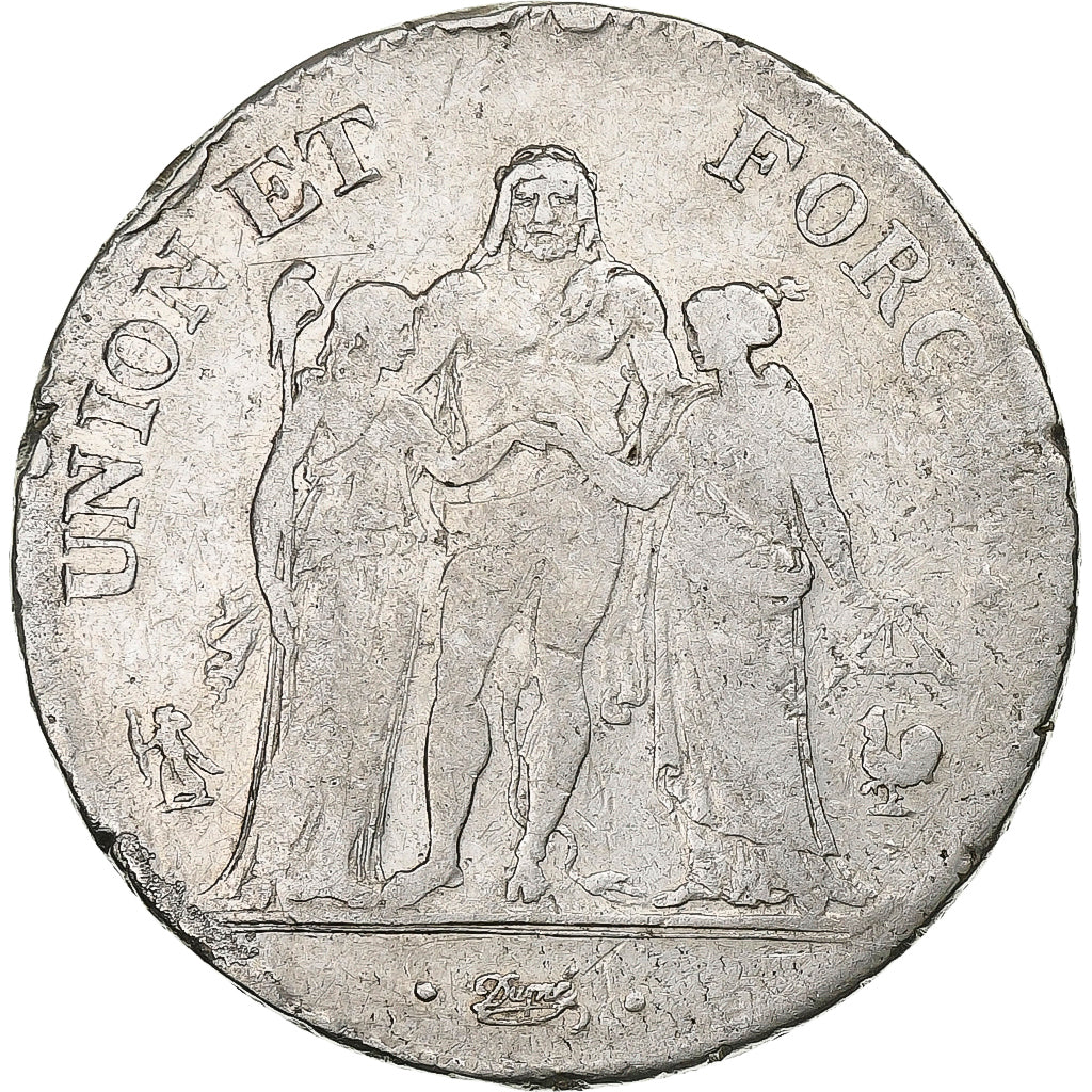 France, 5 Francs, Union et Force, AN 6, Paris, Silver, VF(20-25), KM:639.1