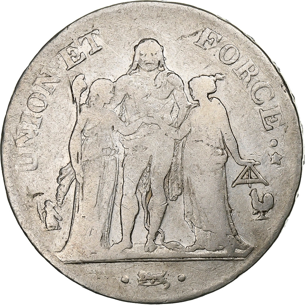 Francia, 5 Francs, Union et Force, AN 6, Paris, Argento, MB, KM:639.1