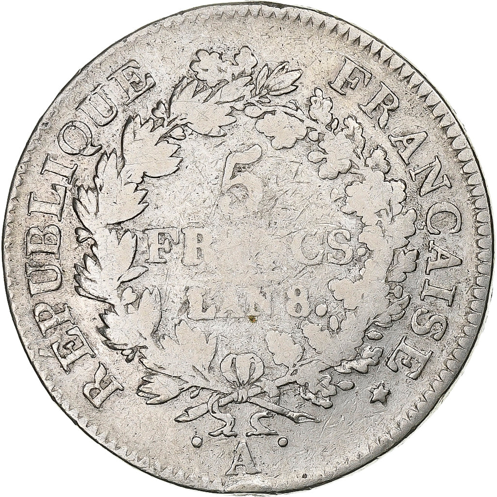 France, 5 Francs, Union et Force, AN 8, Paris, Silver, VF(20-25), KM:639.1