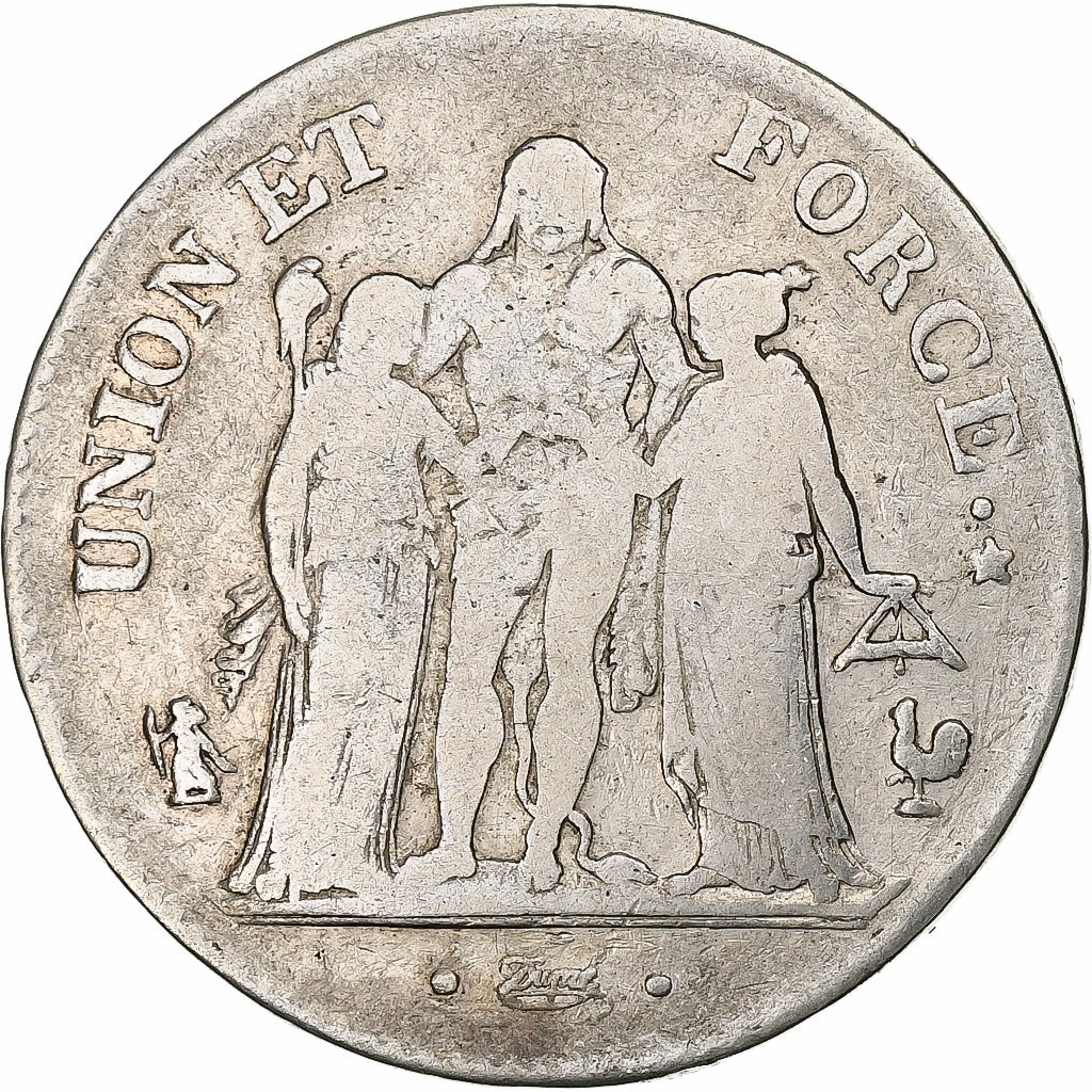 France, 5 Francs, Union et Force, AN 8, Paris, Silver, VF(20-25), KM:639.1
