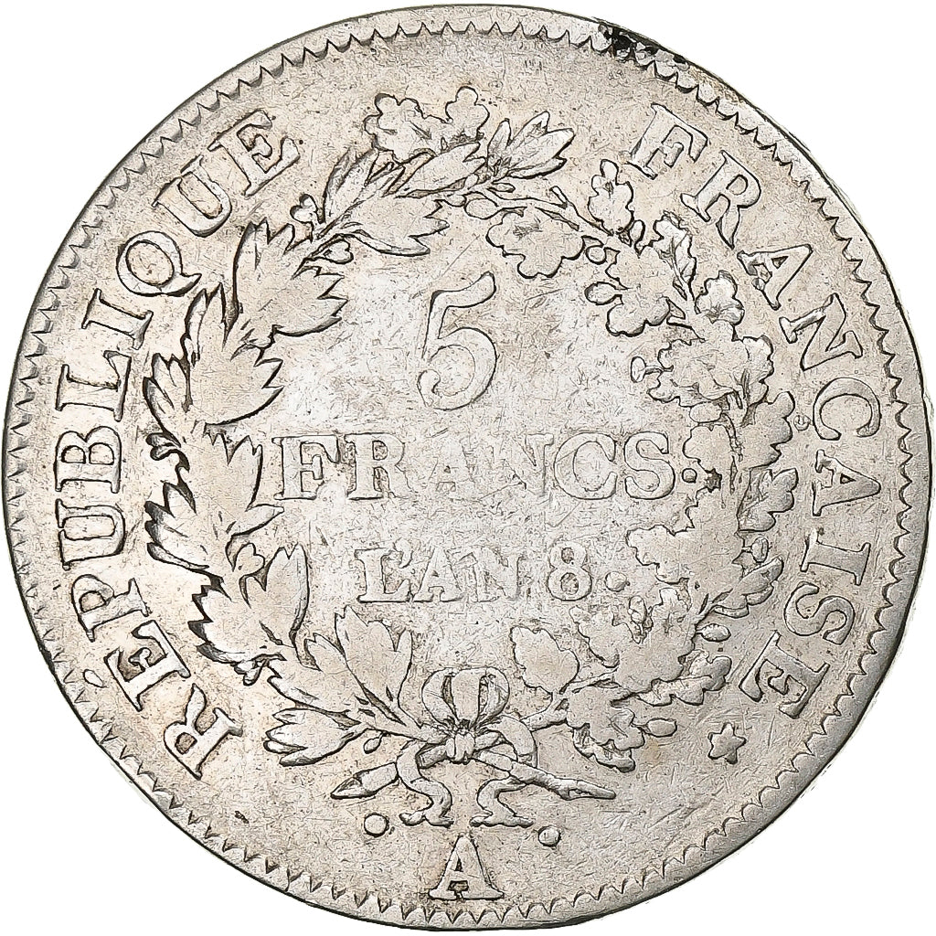 France, 5 Francs, Union et Force, AN 8, Paris, Silver, VF(20-25), KM:639.1
