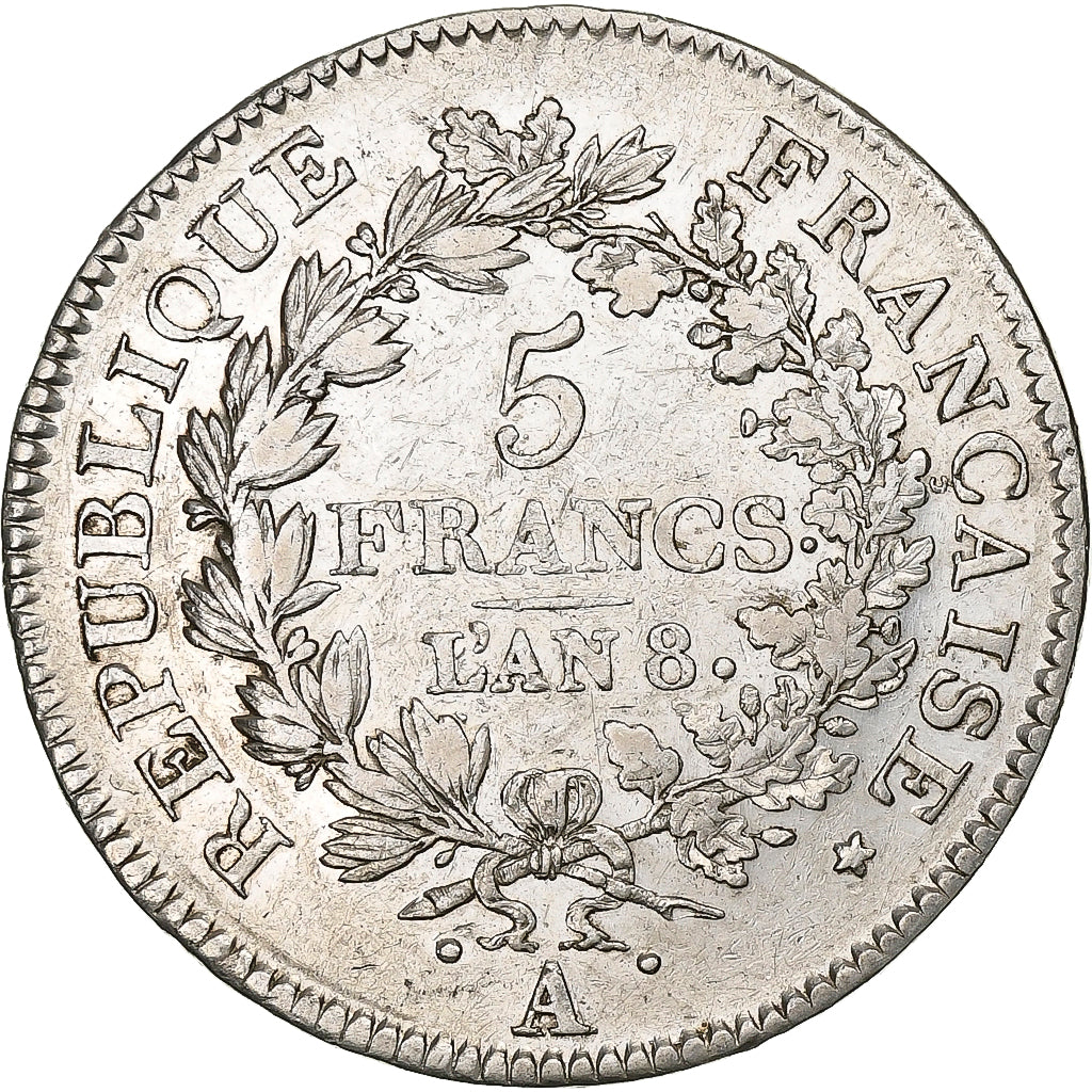 France, 5 Francs, Union et Force, AN 8, Paris, Silver, VF(30-35), KM:639.1