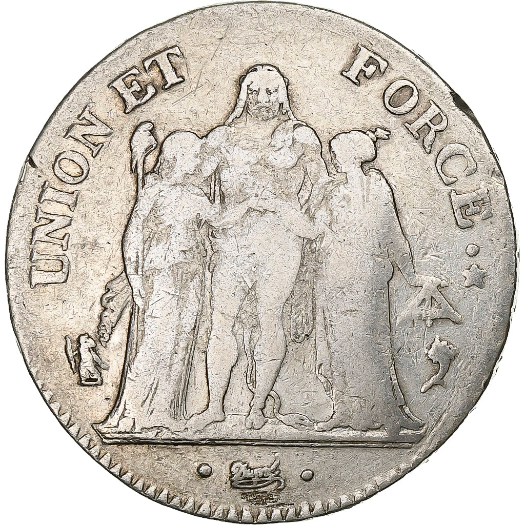 France, 5 Francs, Union et Force, AN 5, Paris, Silver, VF(20-25), KM:639.1