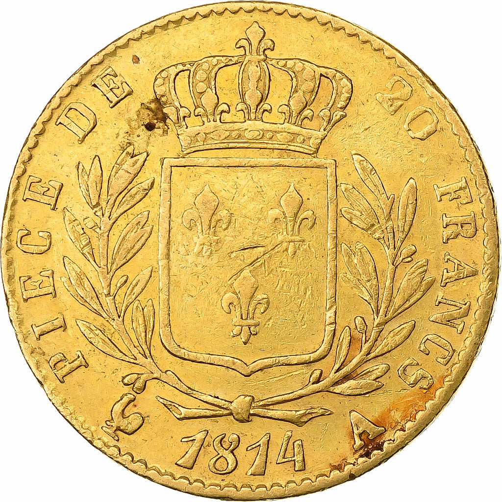 Francia, Louis XVIII, 20 Francs, Louis XVIII, 1814, Paris, Oro, MB+, KM:706.1