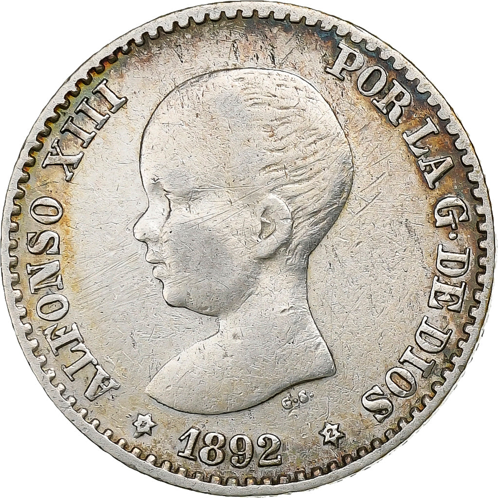 Spagna, Alfonso XIII, 50 Centimos, 1892, Madrid, Argento, MB+, KM:690