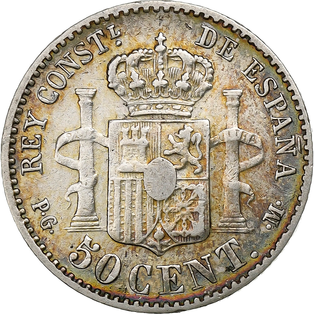Spagna, Alfonso XIII, 50 Centimos, 1892, Madrid, Argento, MB+, KM:690