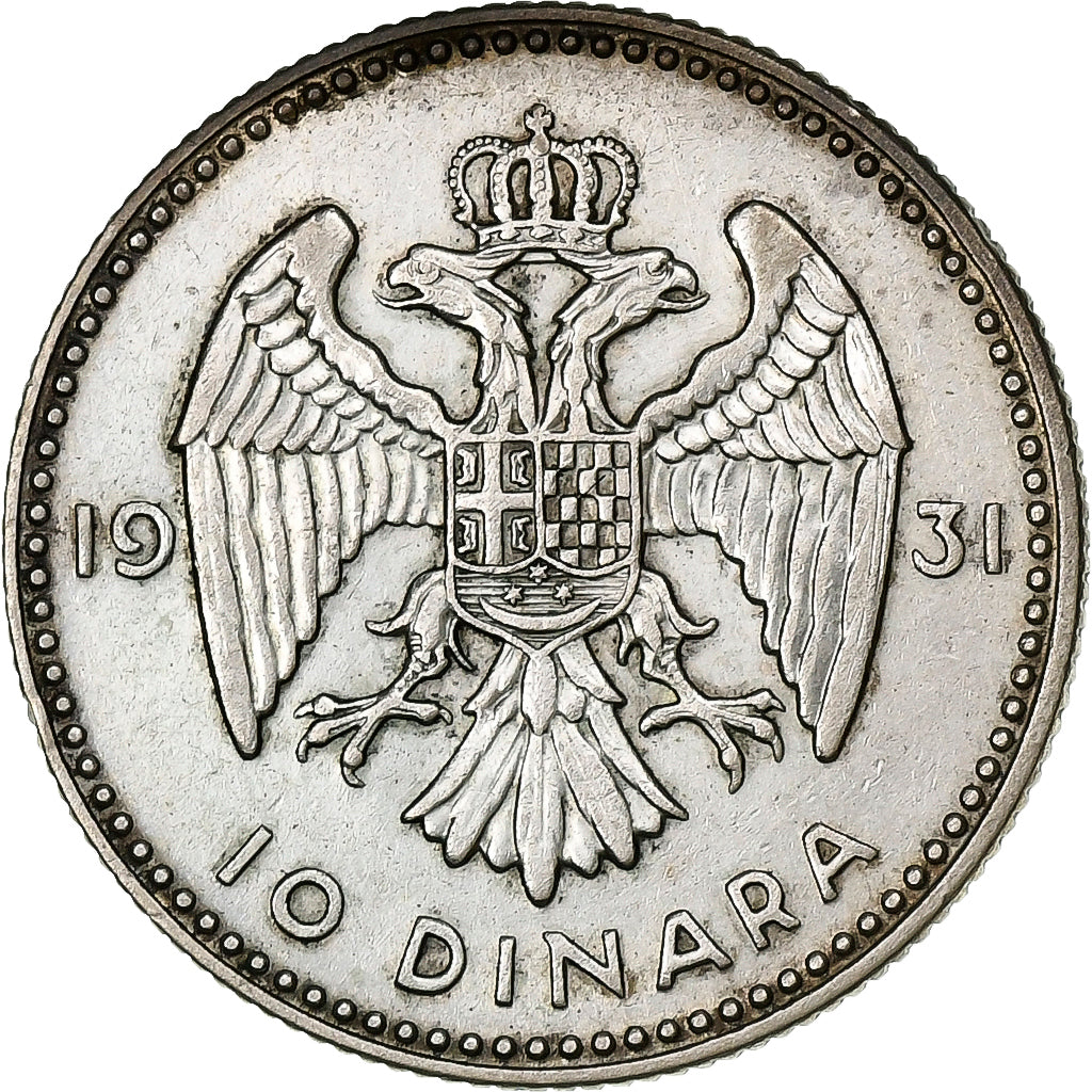 Yugoslavia, Alexander I, 10 Dinara, 1931, Silver, EF(40-45), KM:10
