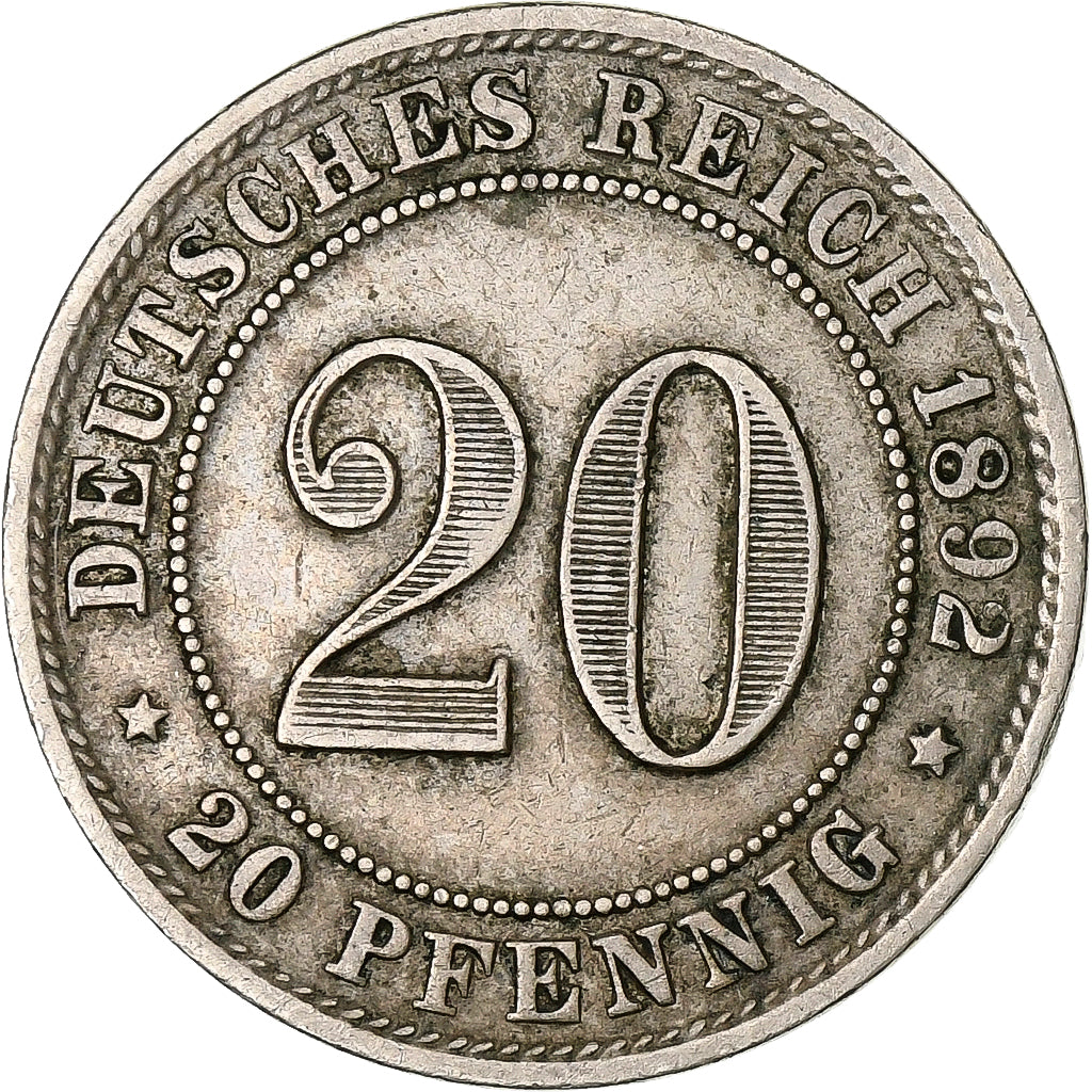 German Empire, 20 Pfennig, 1892, Berlin, Copper-nickel, EF(40-45), KM:13