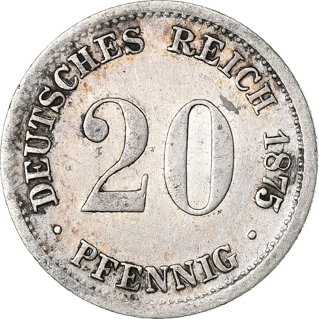 German Empire, Wilhelm I, 20 Pfennig, 1875, Stuttgart, Silver, VF(20-25), KM:5